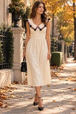 Tach Clothing | Ivory Hand-Embroidered Collar Midi Dress